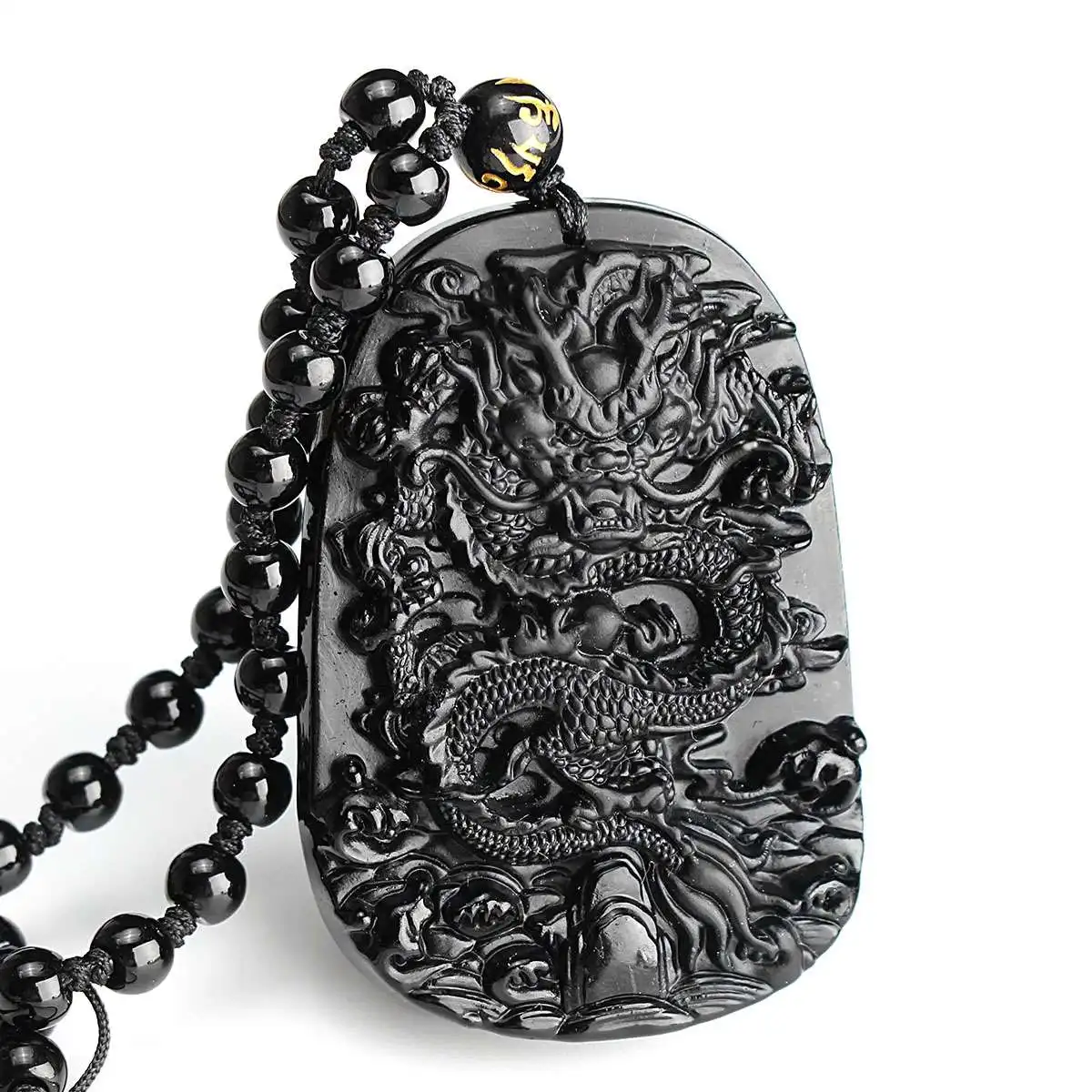 

Unique Nature Health Black Obsidian Carved Dragon Pendent Rope Stone Beads Chain Necklace Man Woman Lover's Couple Jewelry