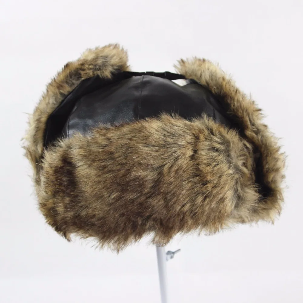 Зимние Утепленные Для мужчин Earflap Hat Кепки чёрный; коричневый из искусственной кожи папа шляпа искусственного меха русский Avitor шляпа Кепки