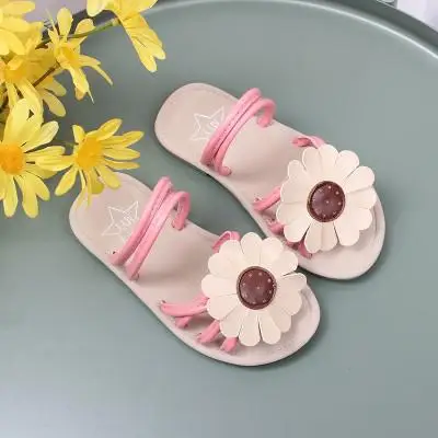 Новые летние детские тапочки для девочек; сандалии для маленьких девочек; искусственная кожа; подсолнухи; Принцесса; мягкая детская пляжная обувь для малышей - Цвет: Pink