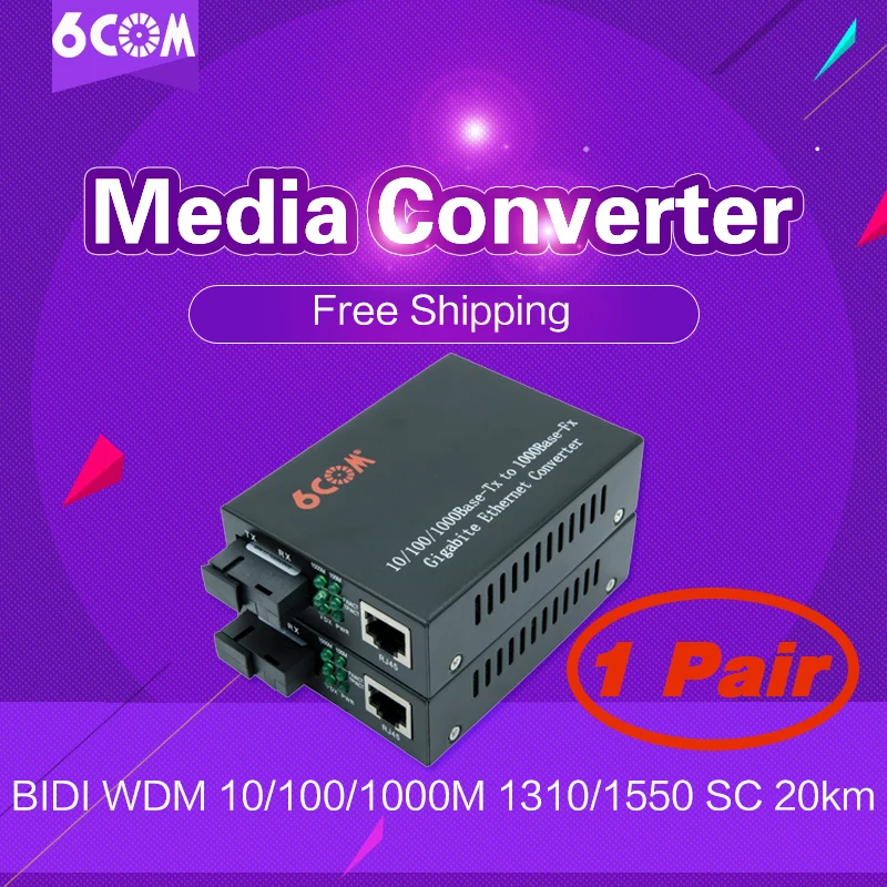 

6COM 1 Pair of Gigabit Ethernet Media Converter, 1.25Gb/s, Bi-Directional single-mode SC fiber, 1000Base-LX to 10/100/1000Base-T