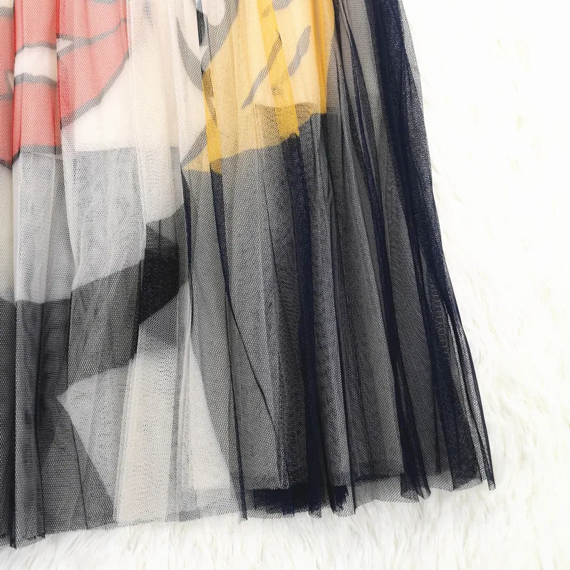 Printed Face Cartoon Patter Pleated Tulle Midi Skirts High Waist Elastic Waist Letter Mesh Skirt Korean Style Women Clothes 2019