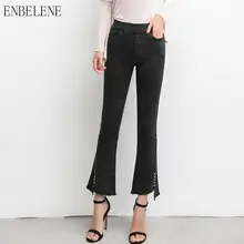 Весенние джинсы черные из денима женские ботинки с вырезами до щиколотки брюки для женщин с черной подошвой расклешенные брюки офисные женские HH076