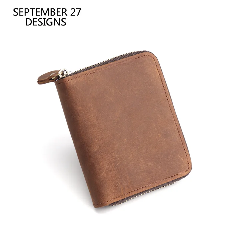 

Men's wallet 100% top Crazy horse leather cowhide Retro Male purses Zipper coin purses wallets for men cowboy carteira masculina