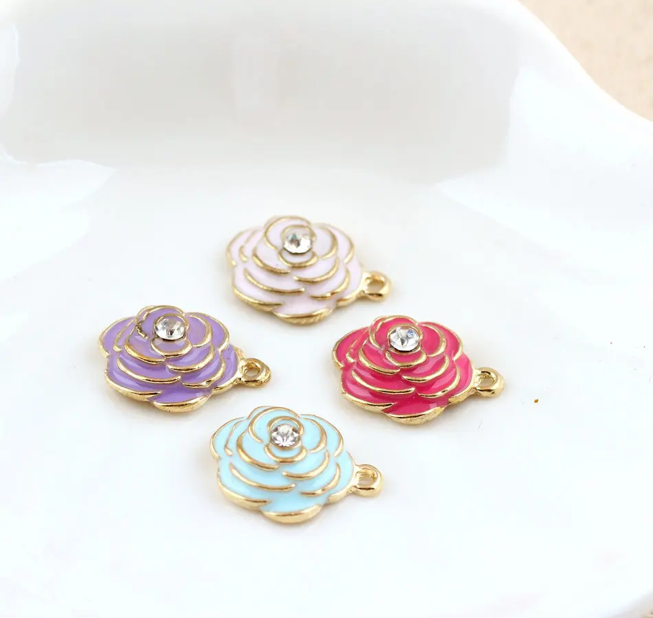 

10pcs 16*12MM Diy alloy enamel color rhinestone rose flower charms metal crystal pendants for bracelet earring jewelry making