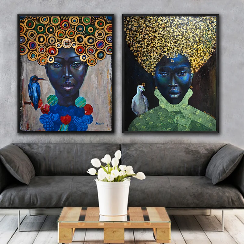 GoldLife, африканская живопись на холсте, настенная живопись, картины, плакаты и принты, черная женщина с птицей на холсте, настенные картины