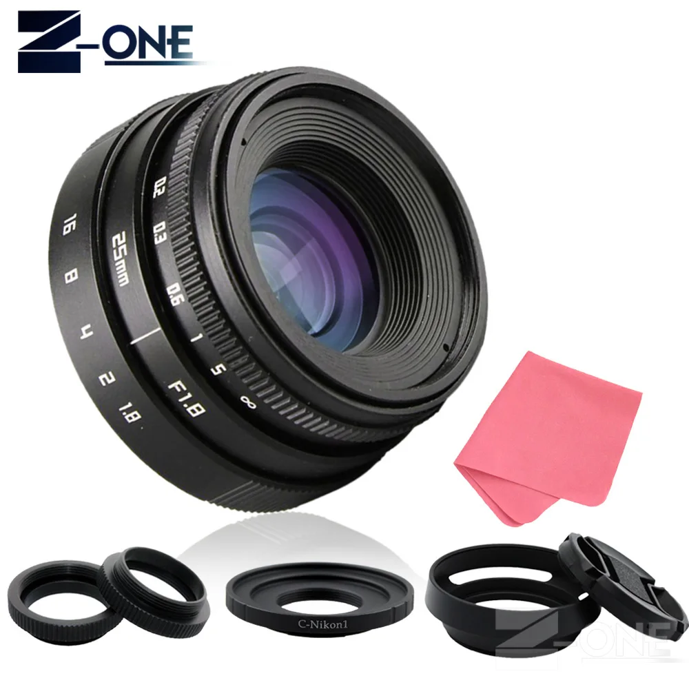 

25mm F1.8 APS-C Television TV Lens CCTV Lens C mount + Lens hood for Nikon 1 mirrorless Camera AW1 S2 J4 J3 J2 J1 V3 V2 V1 C-NI
