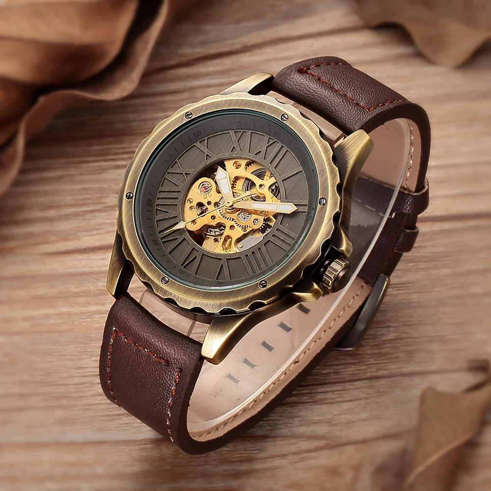 

Relogio Masculino SHENHUA Retro Bronze Skeleton Mechanical Watch Men Automatic Watches Sport Luxury Top Brand Leather Watch