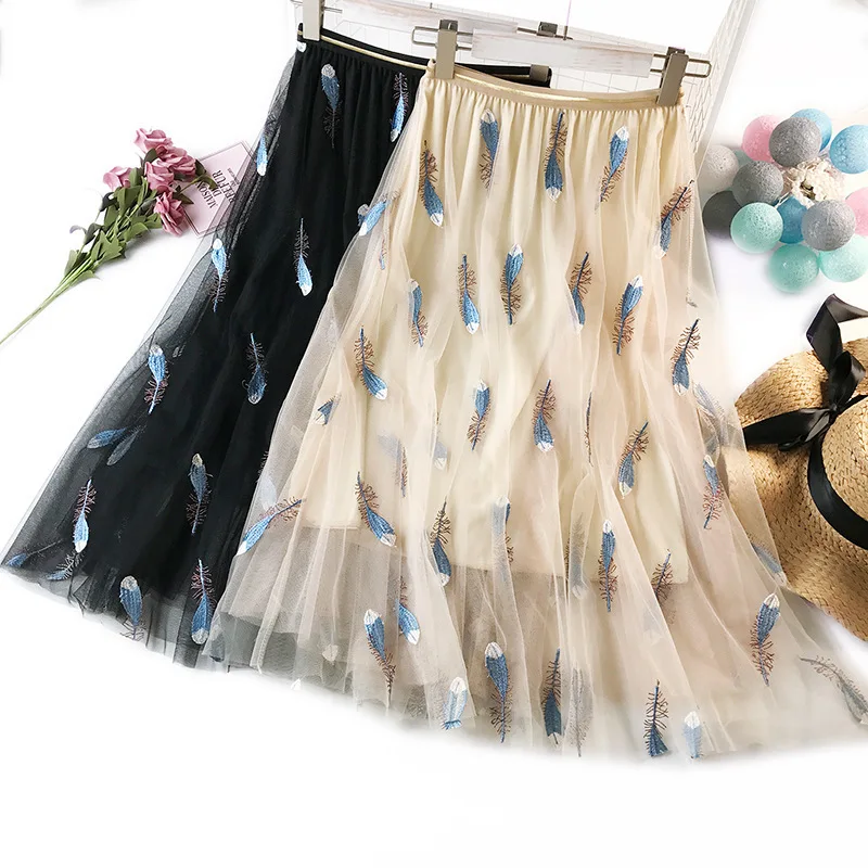 Wasteheart White Pink Women Skirts High Waist Ball Gown Feather Embroidery Ankle Length Skirt Chiffon Clothing Plus Size Wasteheart White Pink Women Skirts High Waist Ball Gown Feather Embroidery Ankle Length Skirt Chiffon Clothing Plus Size