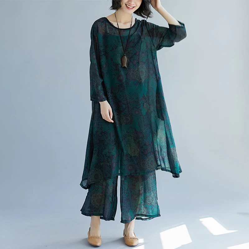 

2019 New Fashion spring Two Piece Set Women Clothes Suits Chiffon Loose Tops+Wide leg pants Women's Casual Set Suits