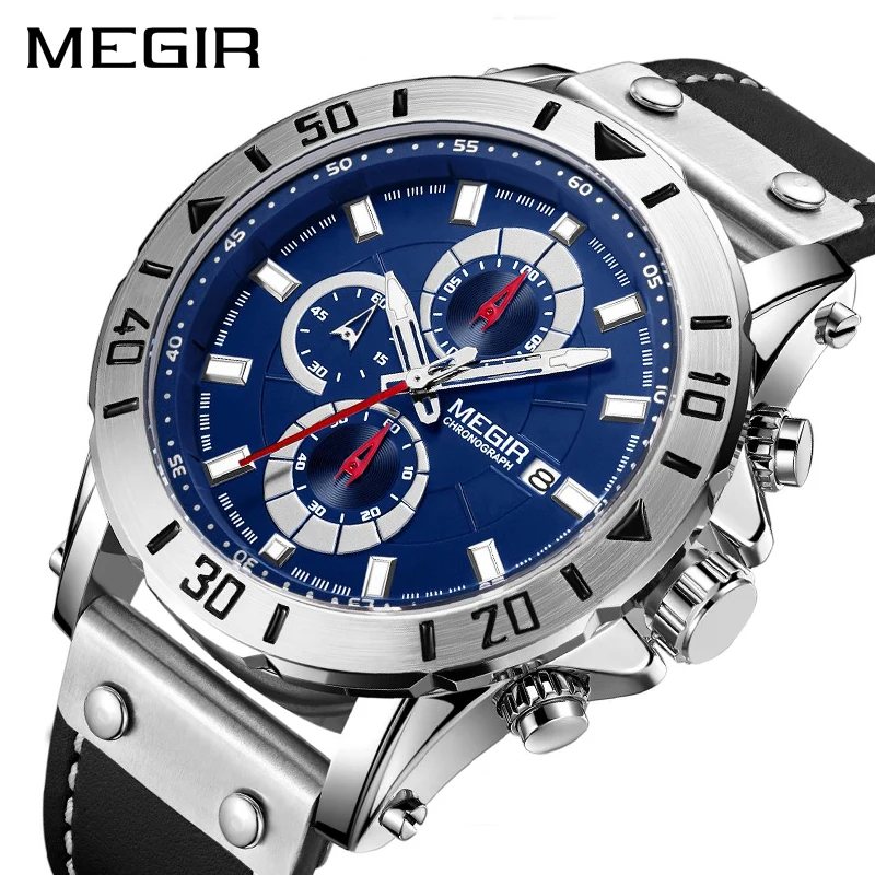 

MEGIR Fashion Leather Strap Quartz Men Watches Casual Date Top Brand LuxuryBusiness Male Sport Wristwatches Clock Chronograph