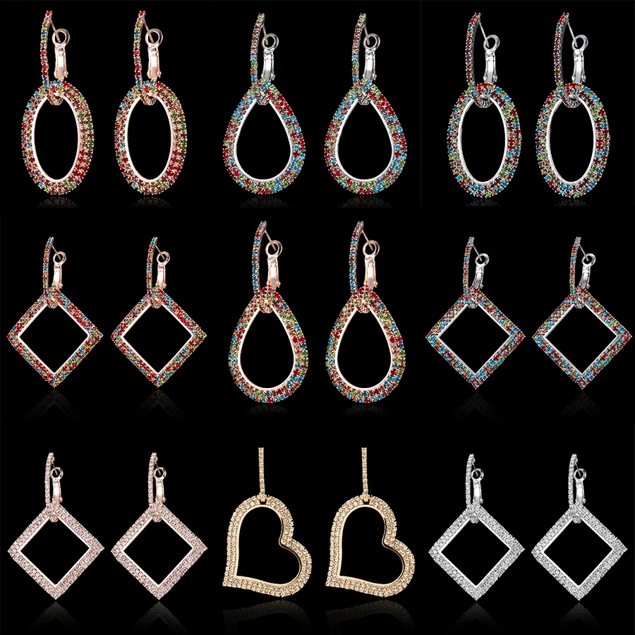

Elegant Jewelry Geometric Colorful Crystal Earrings Water Drop Heart Shape Hollow Earring Wedding Party Earrings for Women Lady