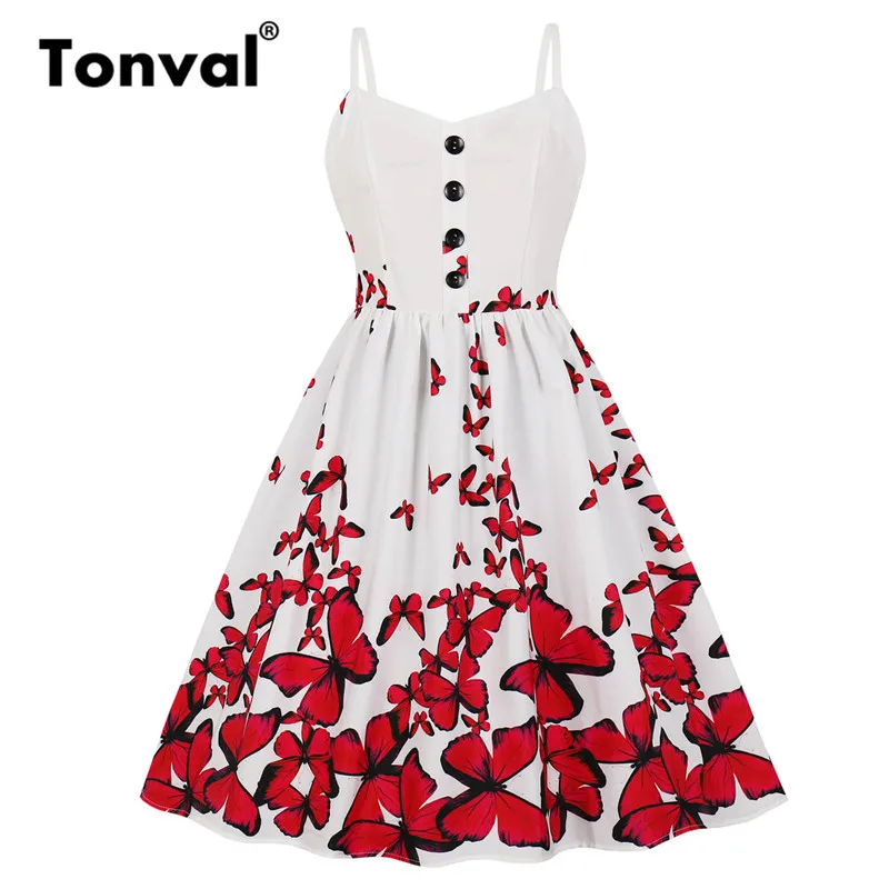 

Tonval Red Butterfly Print Button Up Summer Dress Spaghetti Strap High Waist Retro Dress Fit and Flare Pleated Women Dress