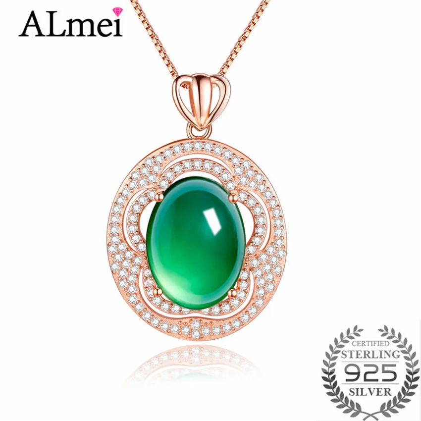 

Almei 2018 8ct Big Chalcedony Green Beads Pendant Rose Gold Color 925 Sterling Silver Women Jewelry for Wedding FN080
