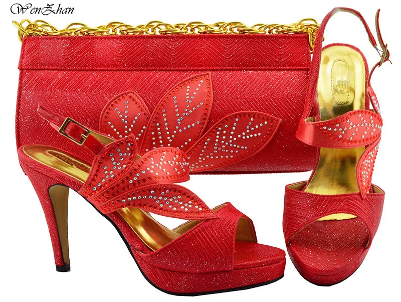 Pretty Ladies Shoes and Bags To Match Set Decorated With Stones Red