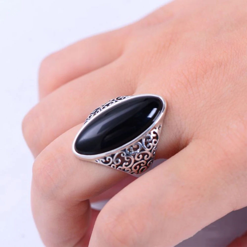 Кольцо MetJakt из натурального черного агата, Винтажное кольцо с резным узором ручной работы, цельное 925 пробы Серебряное кольцо для женщин, хорошее ювелирное изделие