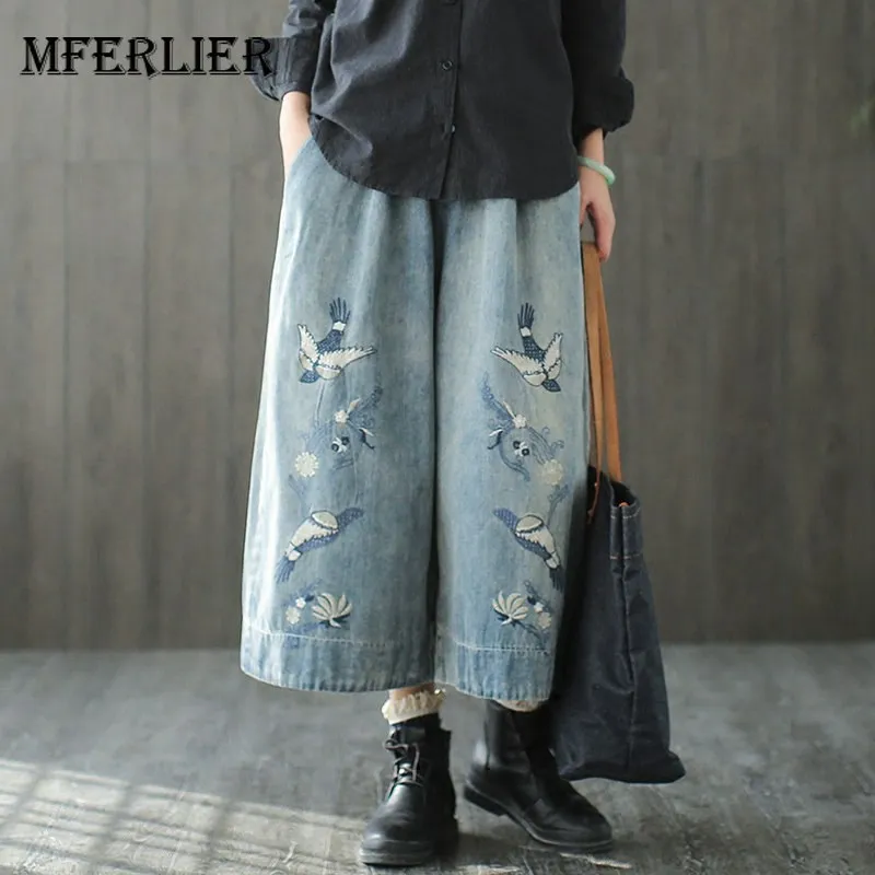 Mferlier Mori Girl Summer High Waist Jeans Lace Up Elastic Waist Bleached Retro Embroidery Wide Leg Women Jeans