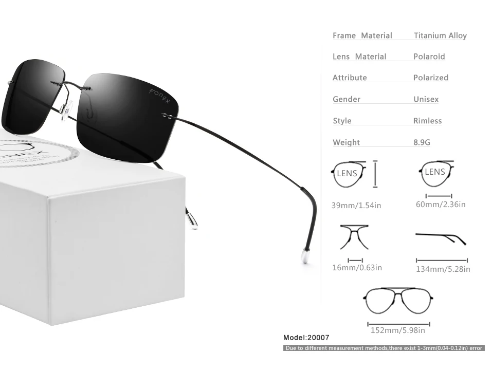 FONEX поляризованные солнцезащитные очки без оправы из титанового сплава, мужские брендовые дизайнерские солнцезащитные очки без винтов, квадратные солнцезащитные очки для женщин 20007