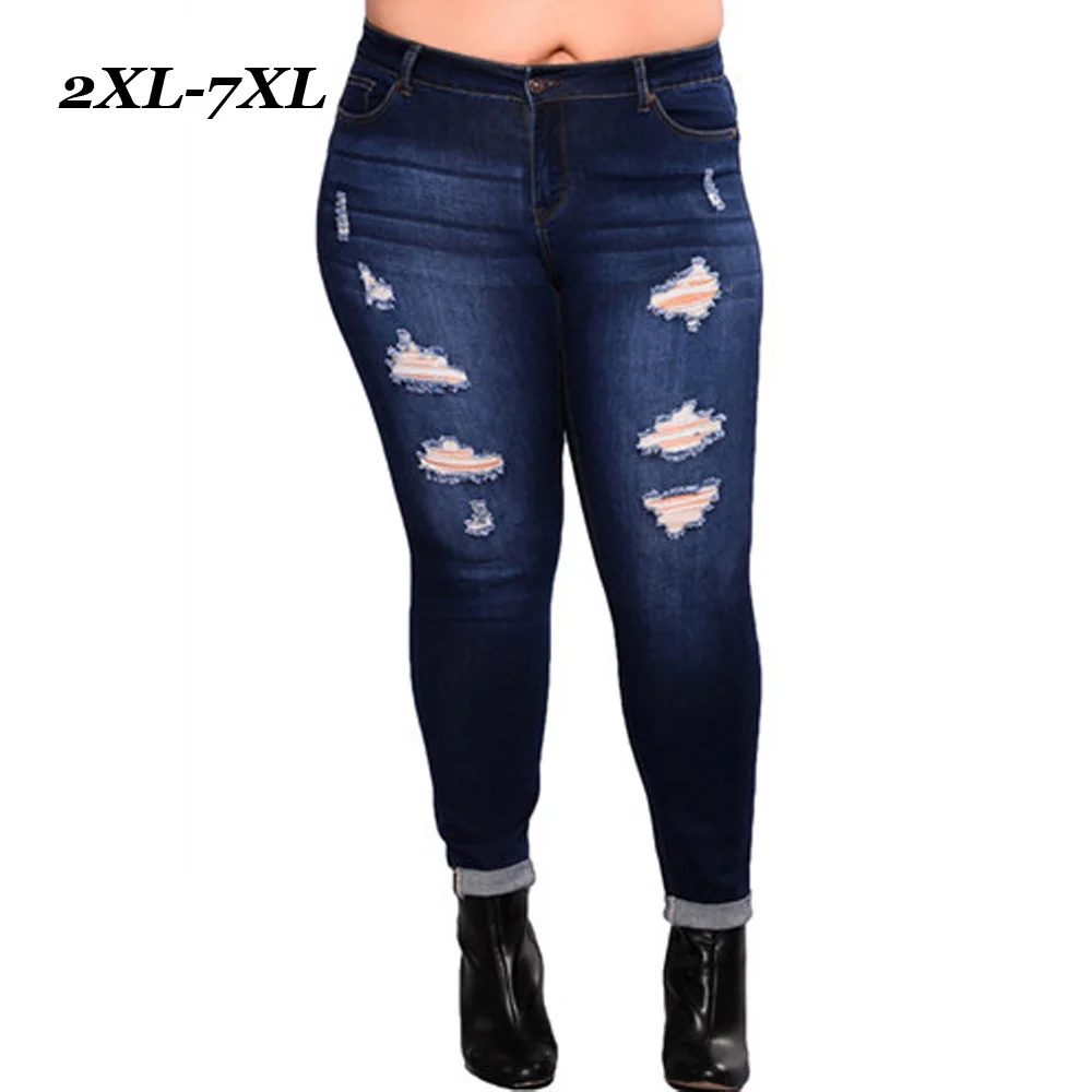 

Joineles Plus Size Solid Women Casual Jeans Streetwear 7XL Blue Holes Ripped Skinny Jeans Cotton Jeans Trousers 2019 Denim Jeans