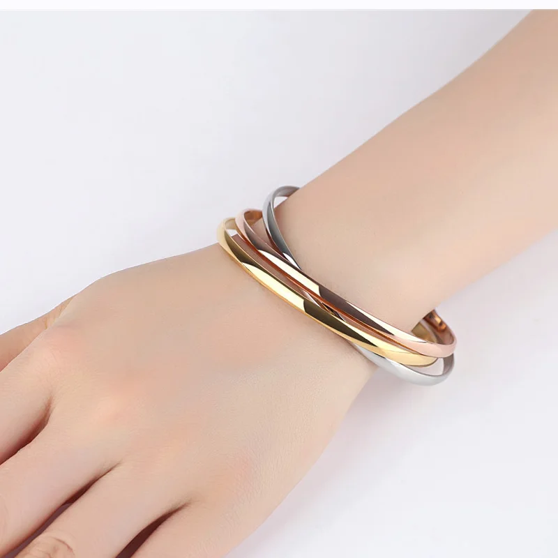 

ISINYEE Fashion 3pc/set Titanium Round Bangle Chains For Women Elegant Rose Silver Stainless Steel 3 Color Bracelet Jewelry
