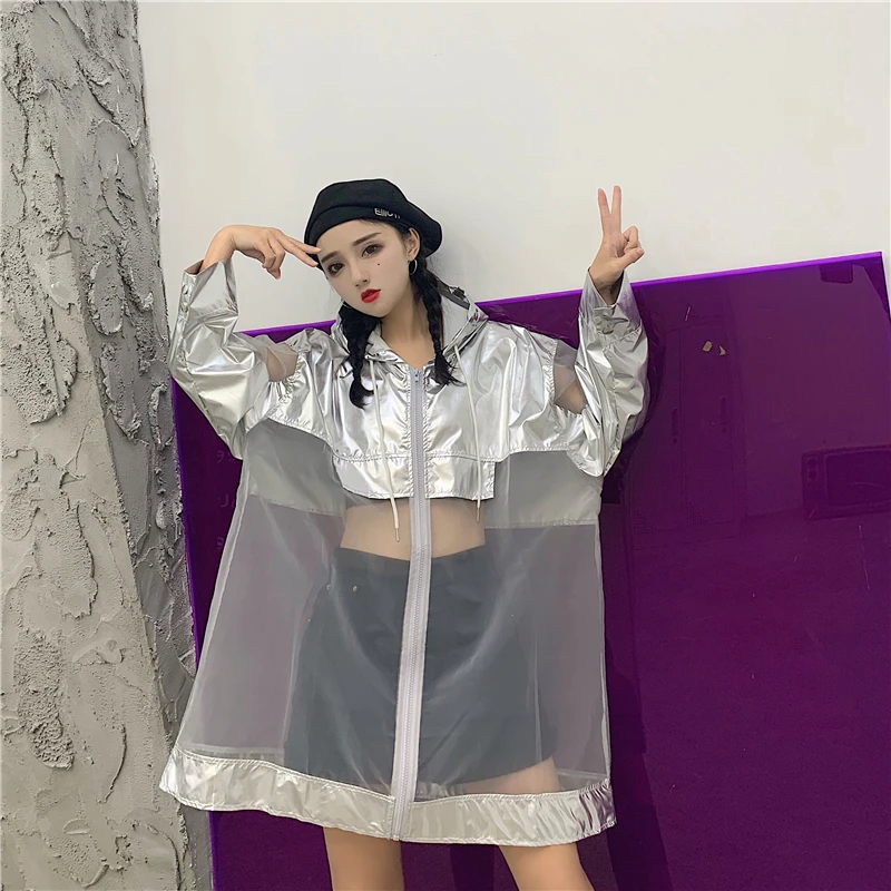 Neploe Harajuku серебряная Солнцезащитная куртка 2019 летнее пальто с капюшоном и длинным