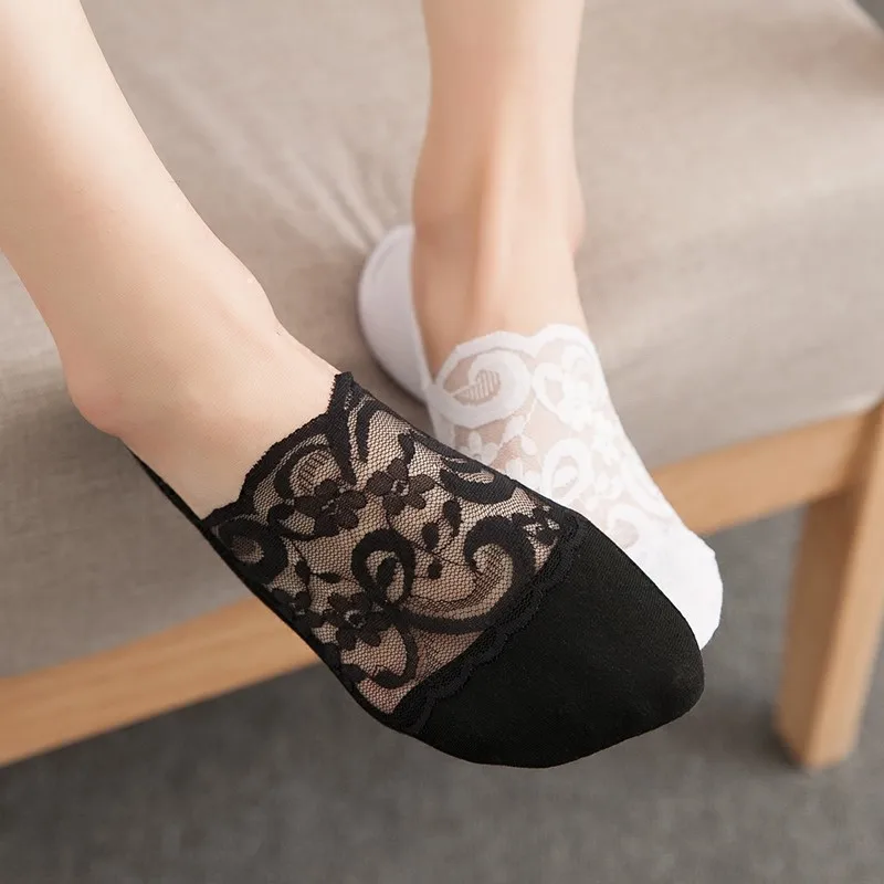 

5 Pairs Women Low Lace Slippers Socks Summer Invisible Boat Socks