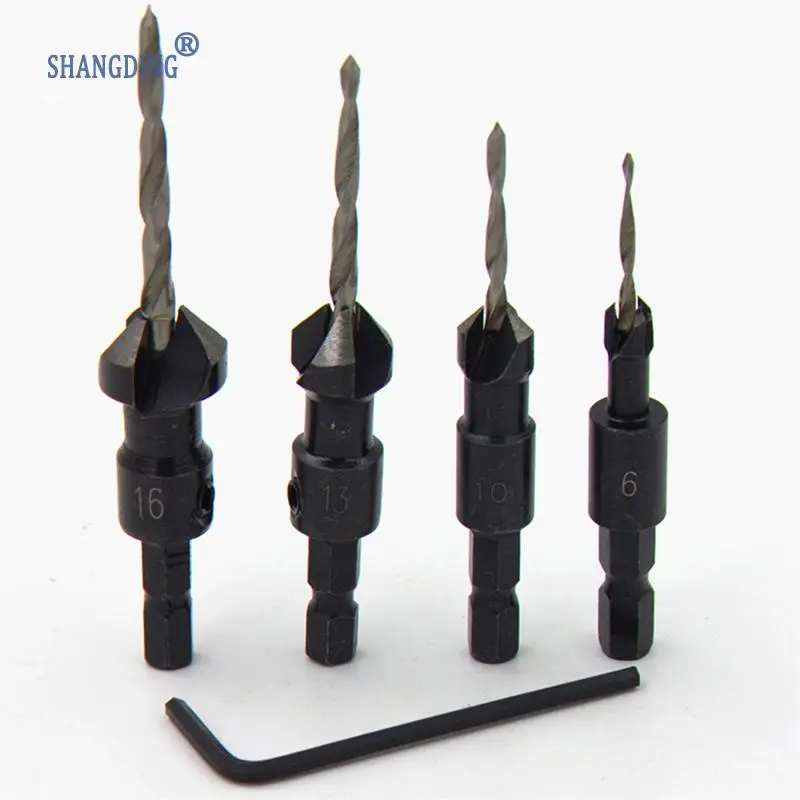 

4pcs HSS 1/4 Hex Shank Countersunk Drill Bits Tapper Tool woodworking Wood Pilot Hole Size #6 #10 #13 #16 with One Wrench