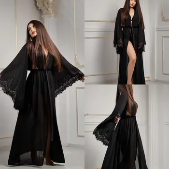 

2019 Sexy Black Night Robe Long Sleeves Lace Chiffon Party Sleepwear Custom Made Nightgown Robes