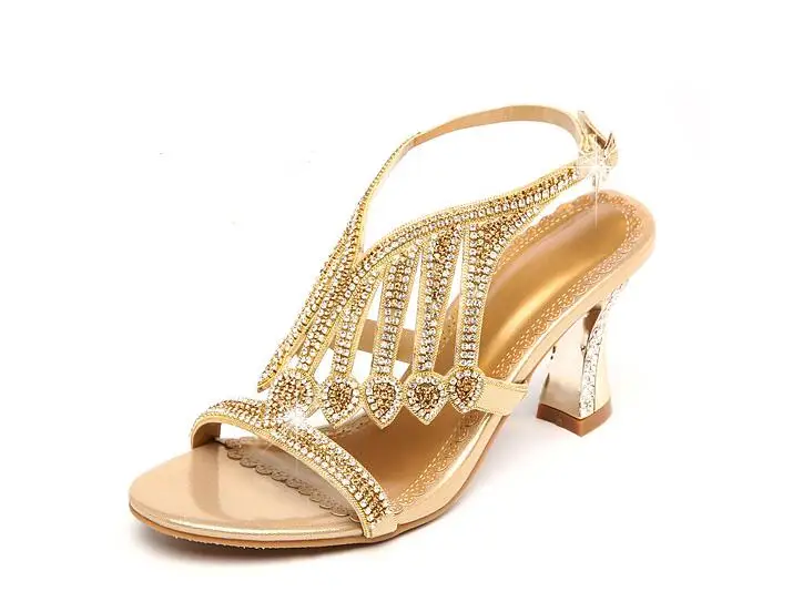 2018 Summer Style Gold Coloured High Heeled Sandals Rhinestone Wedding Shoes Diamond Buckle Women Qualities