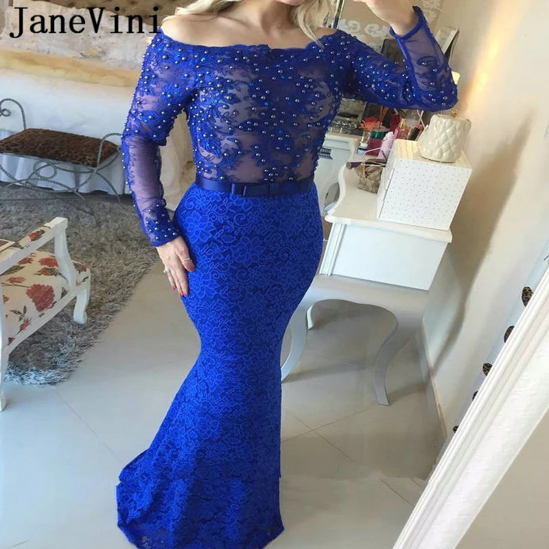 JaneVini элегантный насыщенного синего цвета с длинными рукавами платье вечернее с плеча кружева Жемчуг в стиле Русалочки без спины