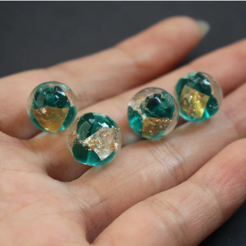 

10pcs/lot 12mm 14mm glass lampwork beads Silver and Gold Foil loose beads Teal green color for jewelry making charm beads