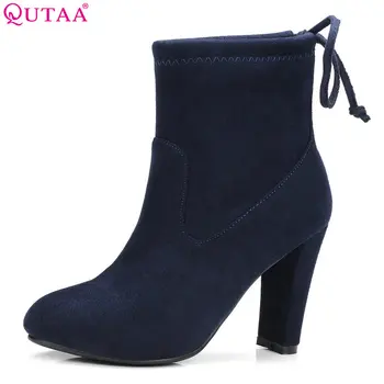 

QUTAA 2018 Winter Women Shoes Ankle Boots Elastic band Stretch fabric Square High Heel Women Party Shoes Black Warm Size 34-43
