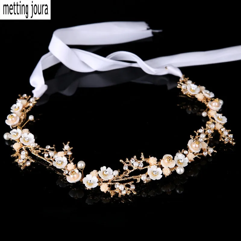 

Metting Joura Wedding Bridal Metal Leaf With Shell Flower Long Headband Hairband Hair Accessories Bride