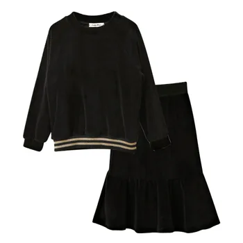 

4-16 Yrs Kids & Teenager Big Girls Black Velour Long Sleeve Blouse Rffule Fishtail Flare Skirt 2 Pcs Set Children Velvet Clothes