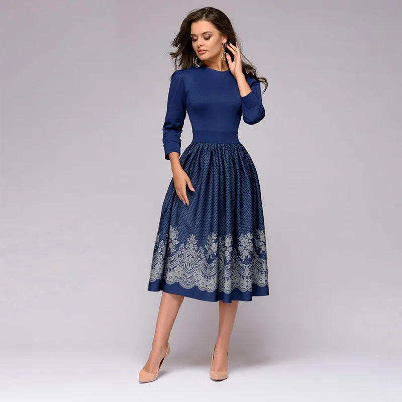 

Navy Blue 3/4 Sleeves Printed Dress Women 2019 Spring Summer Vintage Pocket A-line Casual Dress Elegent Party Vestidos #4