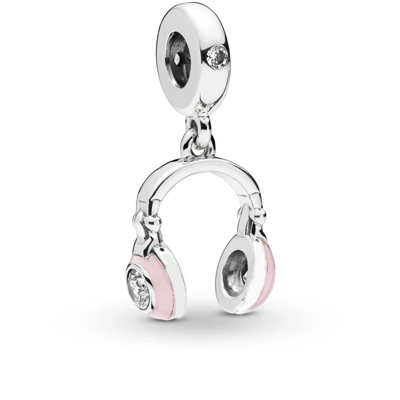 

Free Shipping 925 Sterling Silver Pink Headphones Hanging Charm CZ Crystal Beads Fit Pandora Bracelet For Women DIY Jewelry