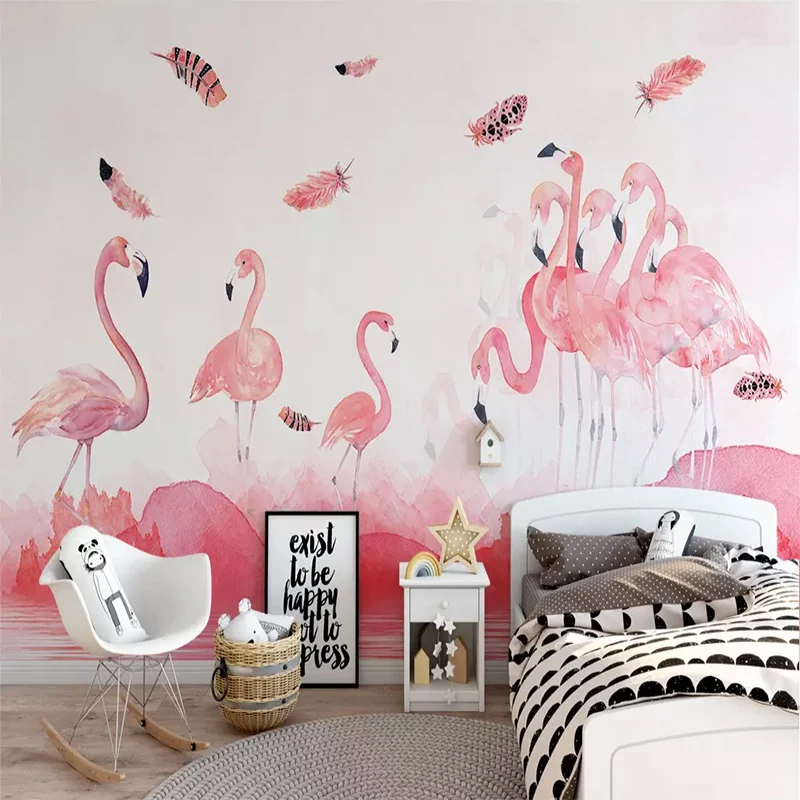 

Custom Wall Painting Modern Minimalist Hand-painted Flamingo Feather 3D Wallpaper Mural Children's Bedroom Wall Cloth Decoration