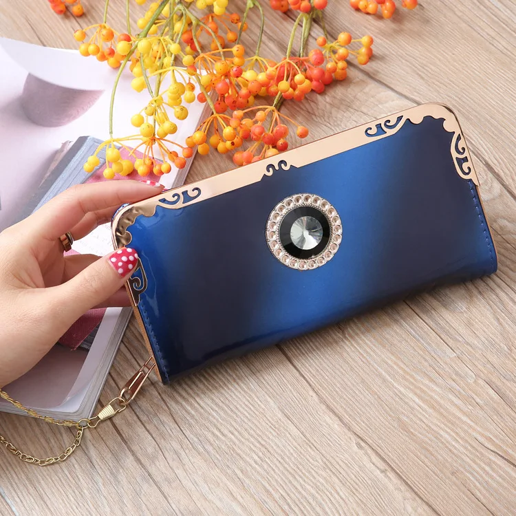 Роскошный кошелек «Корона», женский кожаный длинный карман для телефона, Дамский клатч, сумочка, женские кошельки, цепочка для денег, вечерняя сумка W042 - Цвет: Синий