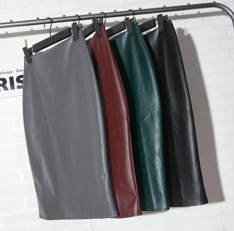 

ELEXS Women PU Leather Midi Skirt Autumn Winter Ladies Package Hip Back Slit Pencil Skirt