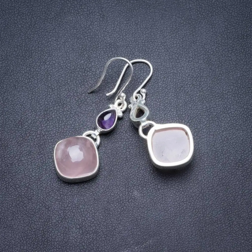 

Natural Rose Quartz and Amethyst Handmade Unique 925 Sterling Silver Earrings 1.5" Y2652