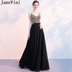 JaneVini Vestidos Роскошный горный хрусталь линия мать невесты платья глубоким v-образным вырезом спинки Черный шифон Вечерние платья
