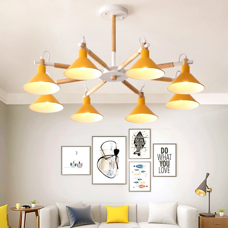 

Solid Wood LED Chandeliers For Living Room Bedroom colors lampshade Nordic Style Surface Mount E27 Lamps Lighting Fixtures