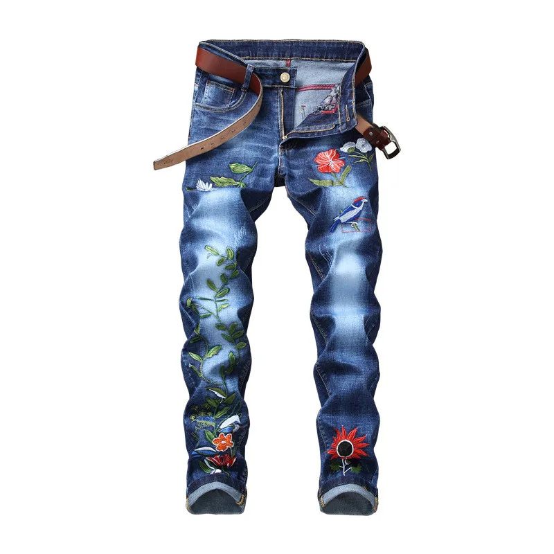 Newsosoo модные Для мужчин цветочной вышивкой джинсы Прямые стрейч джинсовые брюки, штаны для человека с цветочной вышивкой Размеры 28-38