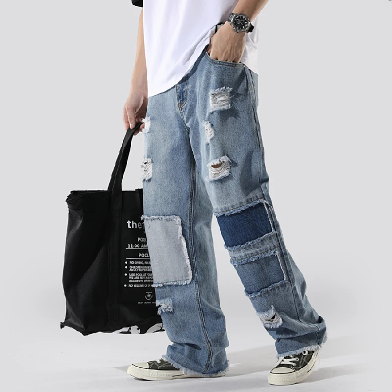 Ins стиль Мужские джинсы в стиле пэчворк свободные рваные мужские прямые джинсы весна лето Хип Хоп Скейтборд Мужские джинсовые крутые брюки