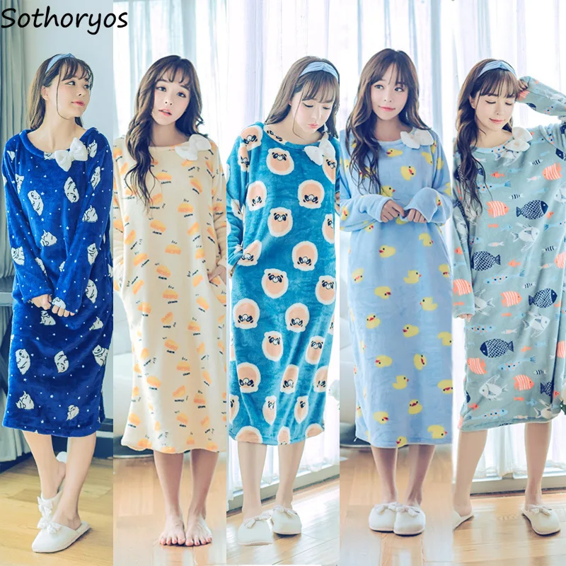 

Nightgowns Women High Quality Sleepwear Long Cartoon Flannel Warm Thicker Lovely Casual Loose Womens Nightdress Ladies Trendy
