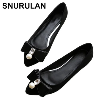 

SNURULAN 2018 Woman Shoes Flock Pointed toe ballet Flats Loafers Butterfly knot Pearl Crystal Slip on Slides big sizeE264