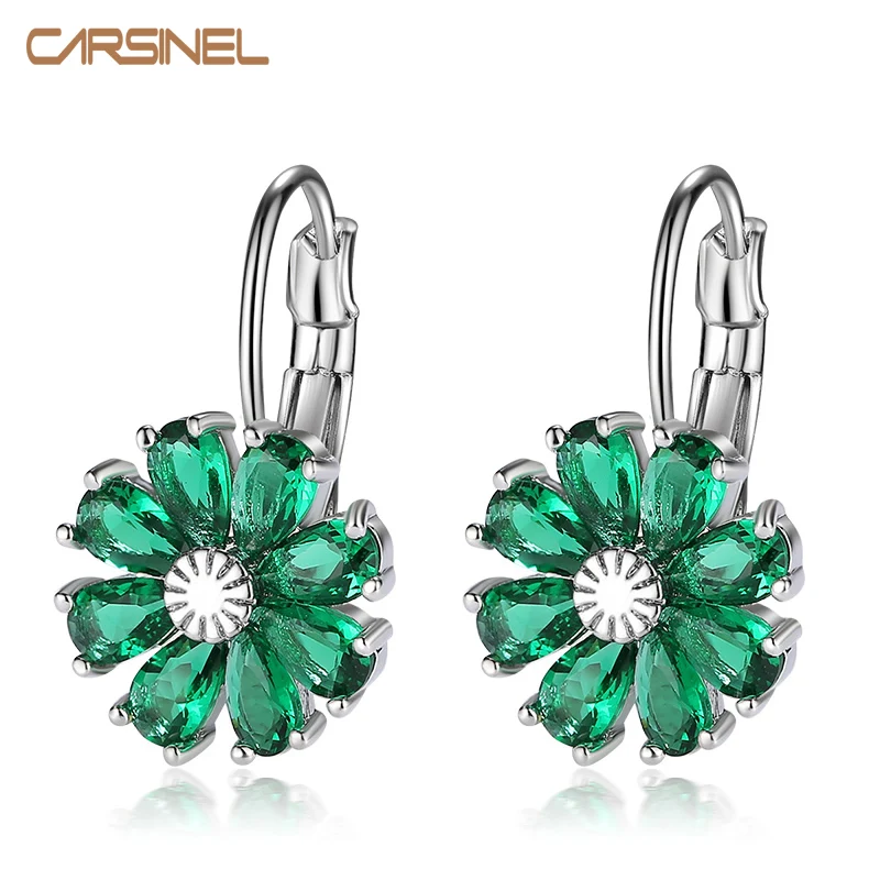 

CARSINEL Fashion Women Lady Green flowers Hoop Earrings For Women Silver color Zircon Jewelry Earring 5 colors