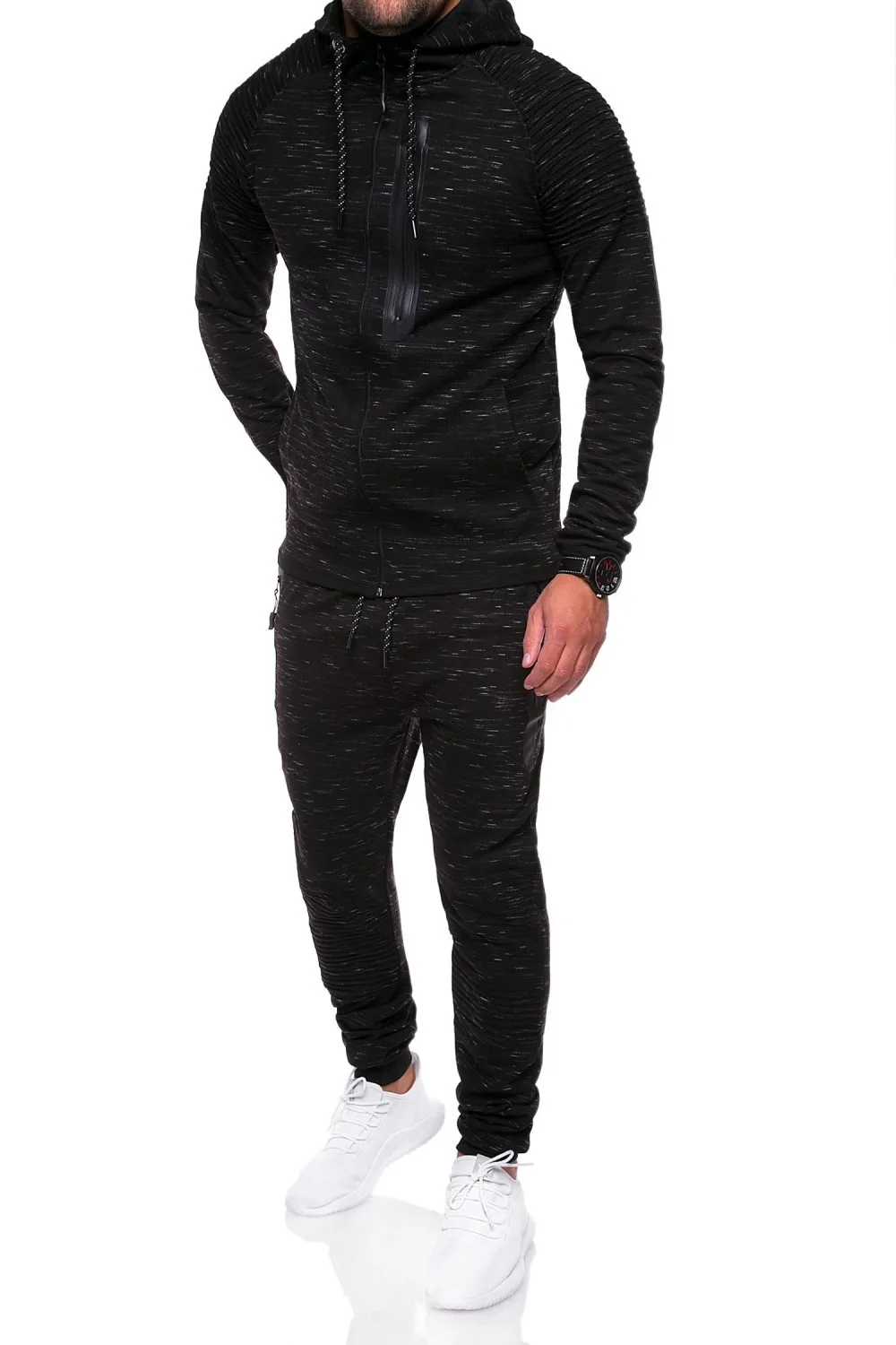 Men Fashion Long Sleeve Pure BlackHoodies+Pants Set Male Tracksuit ...