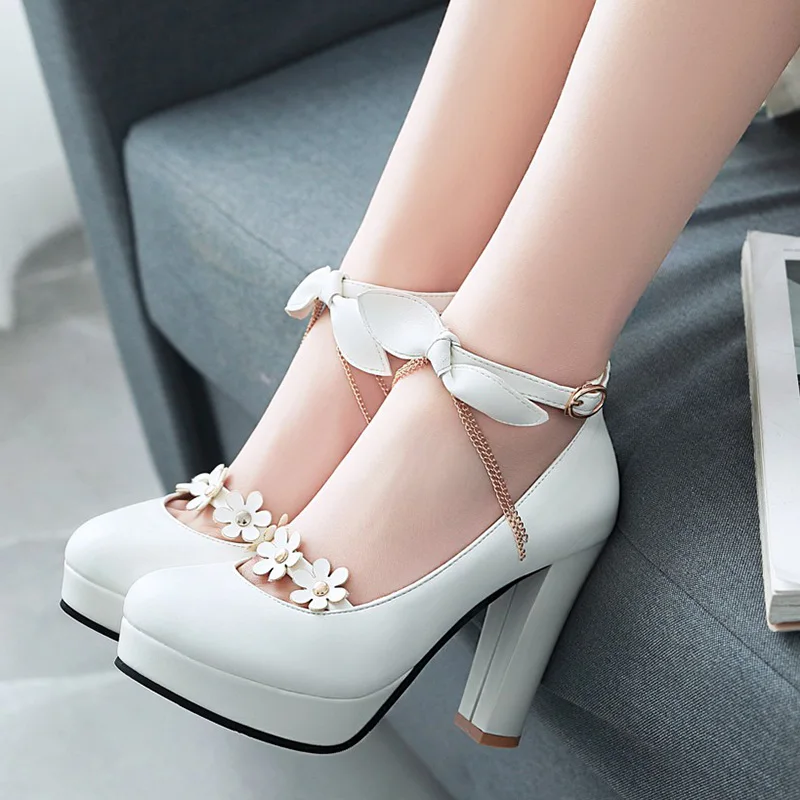 Rimocy women's super high heels lovely floral strap pumps 2019 new spring fashion thick platform pink bowtie shoes woman lolita