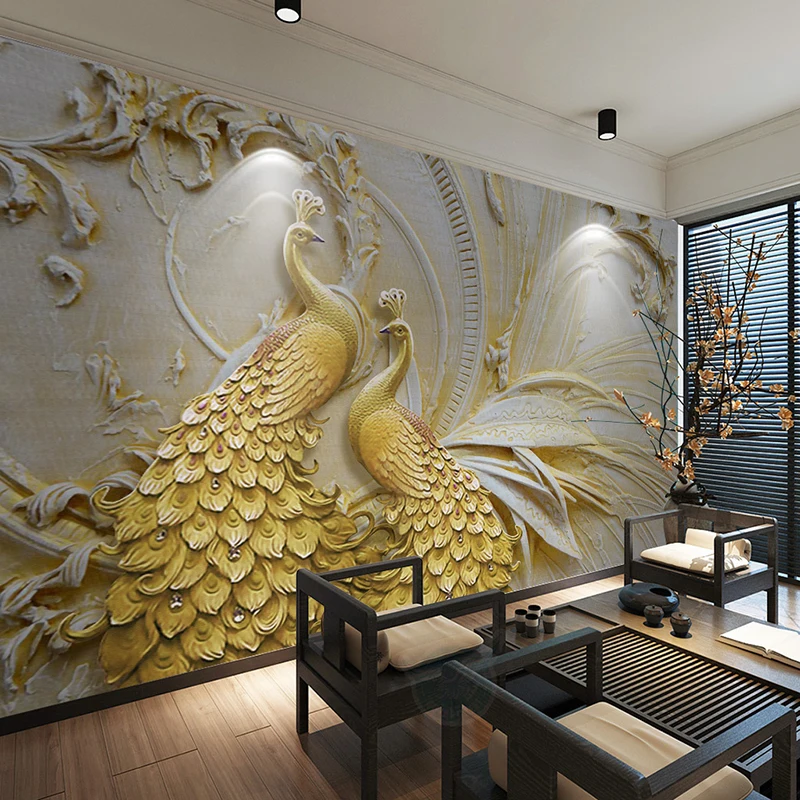 Пользовательские Настенные обои для стен 3D стереоскопический рельефный Золотой Павлин фон настенная живопись гостиная спальня домашний декор
