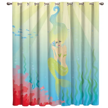 

Cartoon Mermaid Window Curtains Dark Living Room Curtains Decor Bedroom Fabric Decor Swag Curtain Panels With Grommets Window